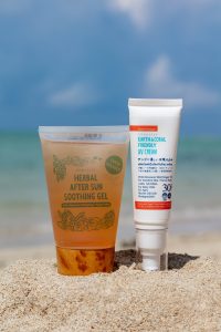sunscreen products on the beach