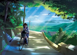 vector illustration in an anime style of a Japanese girl student rides a bicycle on a road in the countryside