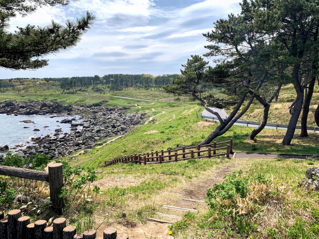 An expansive view of a green coastline along Umineko with hiking trails.