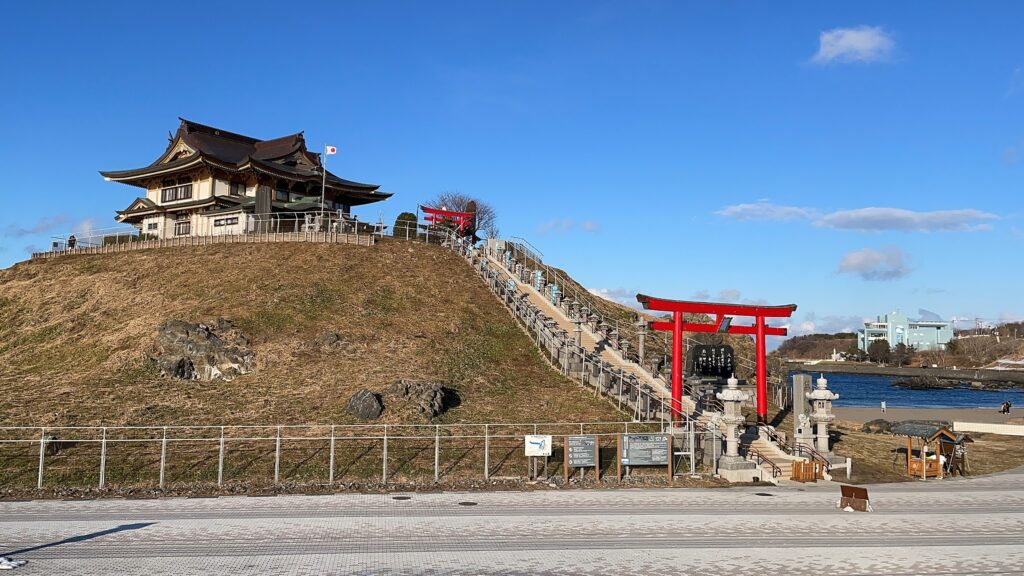 A picture of Kabushima Shrine with a long uphill staircase